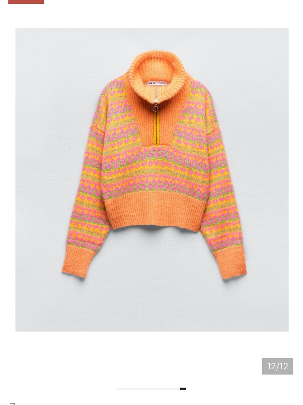 Zara Orange Pink Yellow Fair Isle Half-Zip Funnel Sweater